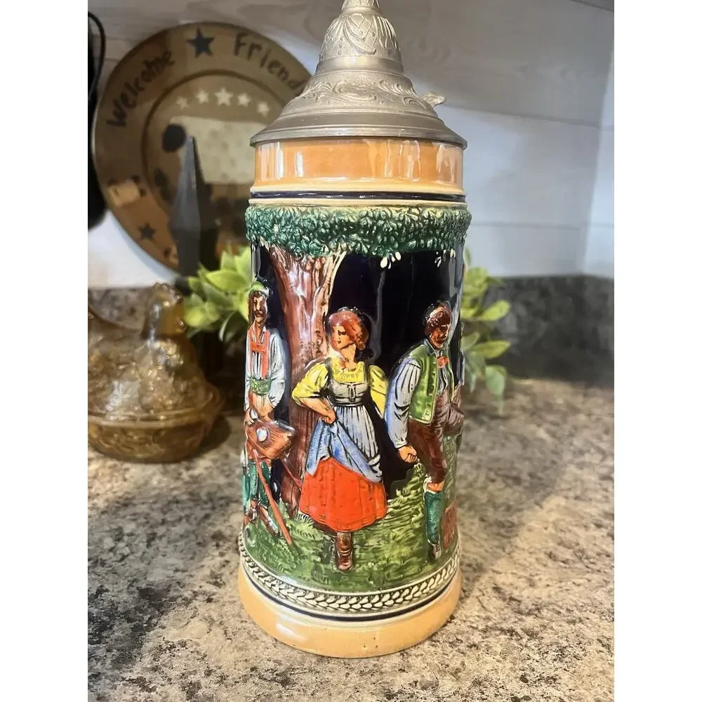 Gerz Dance of the Mountain Tanz Auf Der Alm Lidded Beer Stein 10.5” Hand Painted